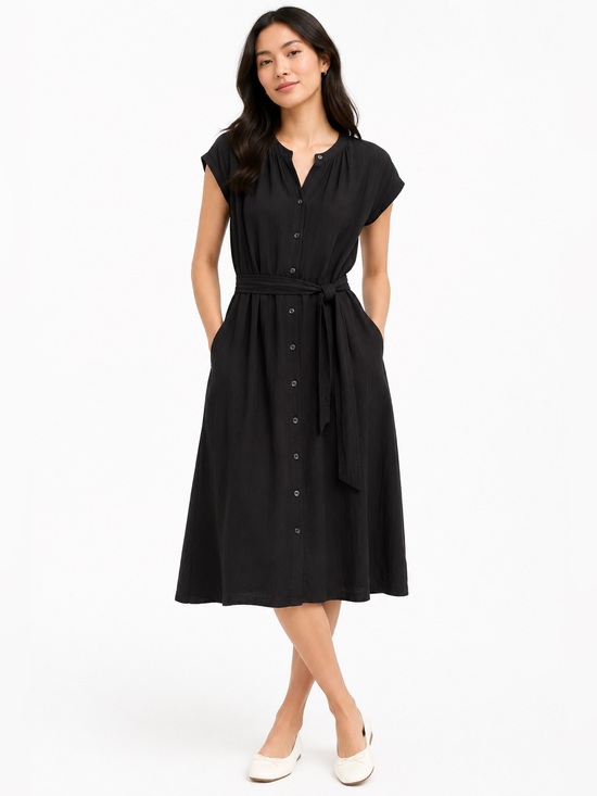 GAP Dresses & Skirts - GAP Black 100% Cotton Crinkle Gauze Midi Shirtdress Casual Tie Waist Size Medium